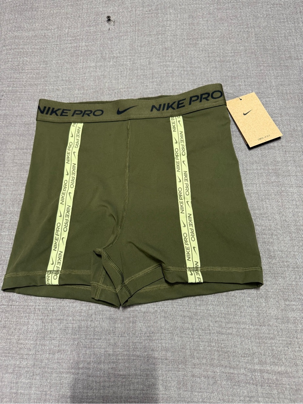 Nike Olive Green Women's Compression Shorts with Black Waistband Logo